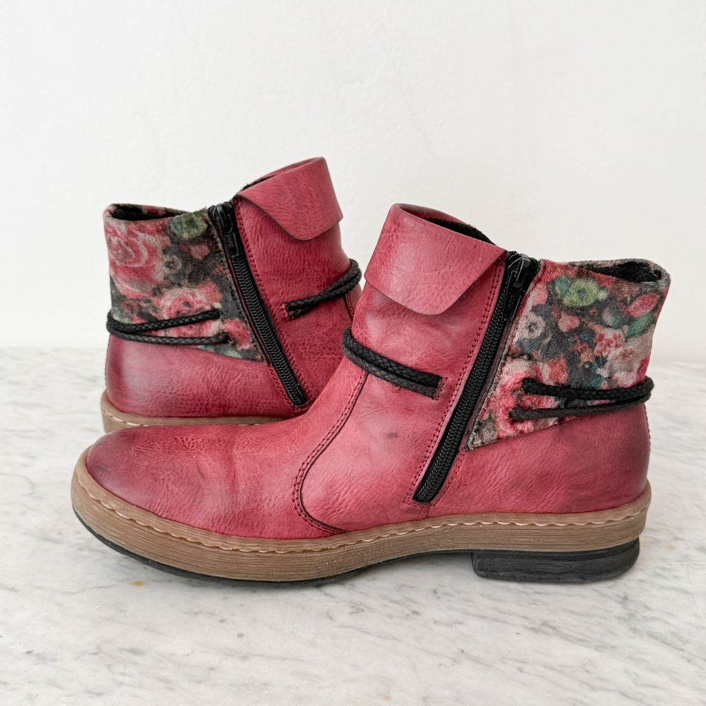Rieker Ankle Boots Floral Boho 40 Red Burnished Leather Zip Booties - Picture 5 of 7